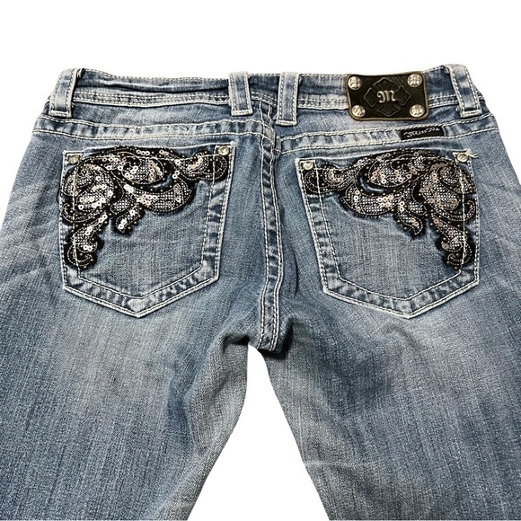 Miss Me Boot Cut Jeans 32” Inseam JE5387BR Medium Wash Sequins 8” Mid Rise Denim - Picture 9 of 12